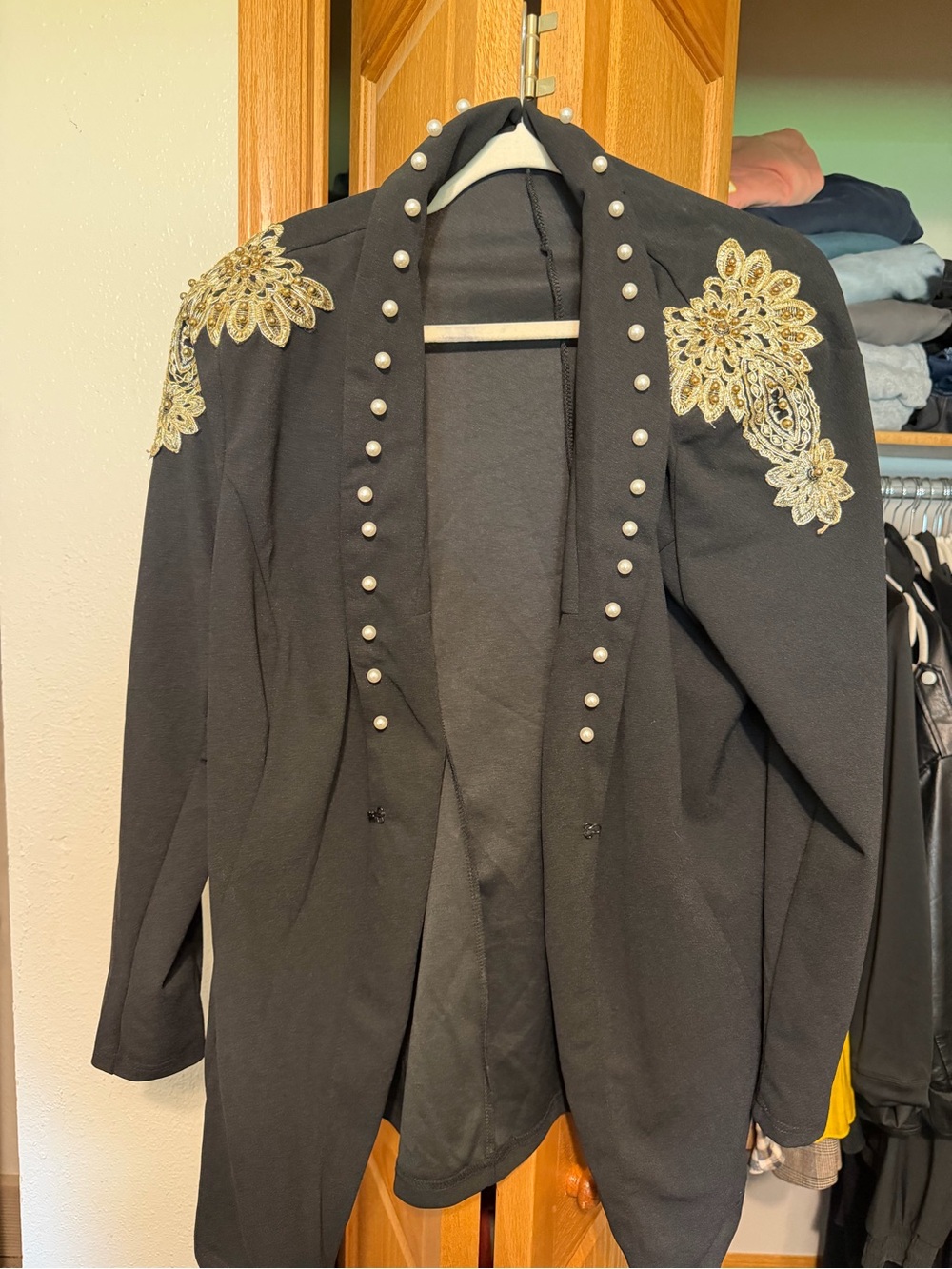 SHEIN Black Jacket with Gold Floral Appliqué and Pearl Trim
